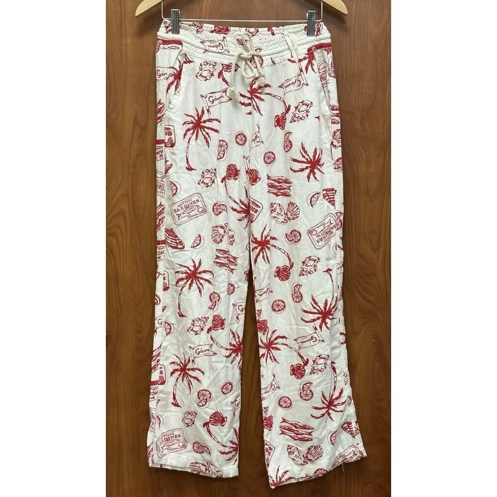 Angel Kiss Linen Blend Pants Women’s S Tropical Smocked Waist Boho Lounge Travel